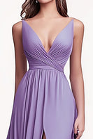 Load image into Gallery viewer, Lilac Ruched Chiffon A Line Long Prom Dress with Slit