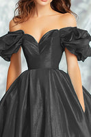 Load image into Gallery viewer, Black Off the Shoulder Ball Gown Long Prom Dress