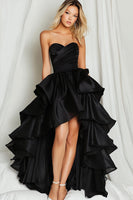 Load image into Gallery viewer, Women Black Ruched Long Prom Dress with Ruffles Sweetheart Asymmetrical Black Tie Dress