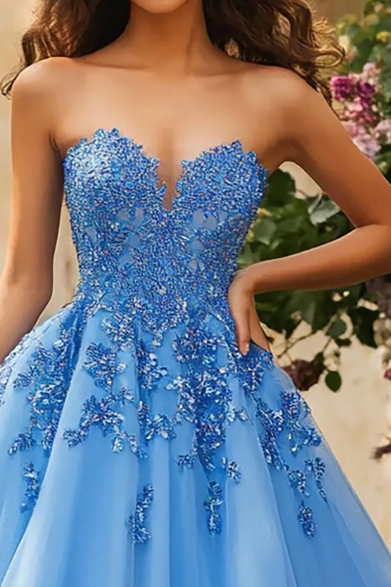 Load image into Gallery viewer, Blue Sweetheart Tulle Ball Gown Long Prom Dress with Appliques