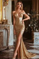 Load image into Gallery viewer, Sparkly Gold Sequin Mermaid Long Prom Dress with Slit