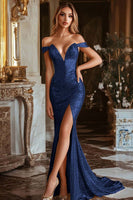 Load image into Gallery viewer, Sparkly Gold Sequin Mermaid Long Prom Dress with Slit