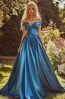 Load image into Gallery viewer, Blue Satin Off the Shoulder A Line Long Prom Dress