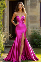 Load image into Gallery viewer, Fuchsia Satin Ruched Mermaid Long Prom Dress with Slit