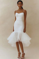 Load image into Gallery viewer, White Satin Spaghetti Straps High-Low Engagement Dress Dress with Ruffles