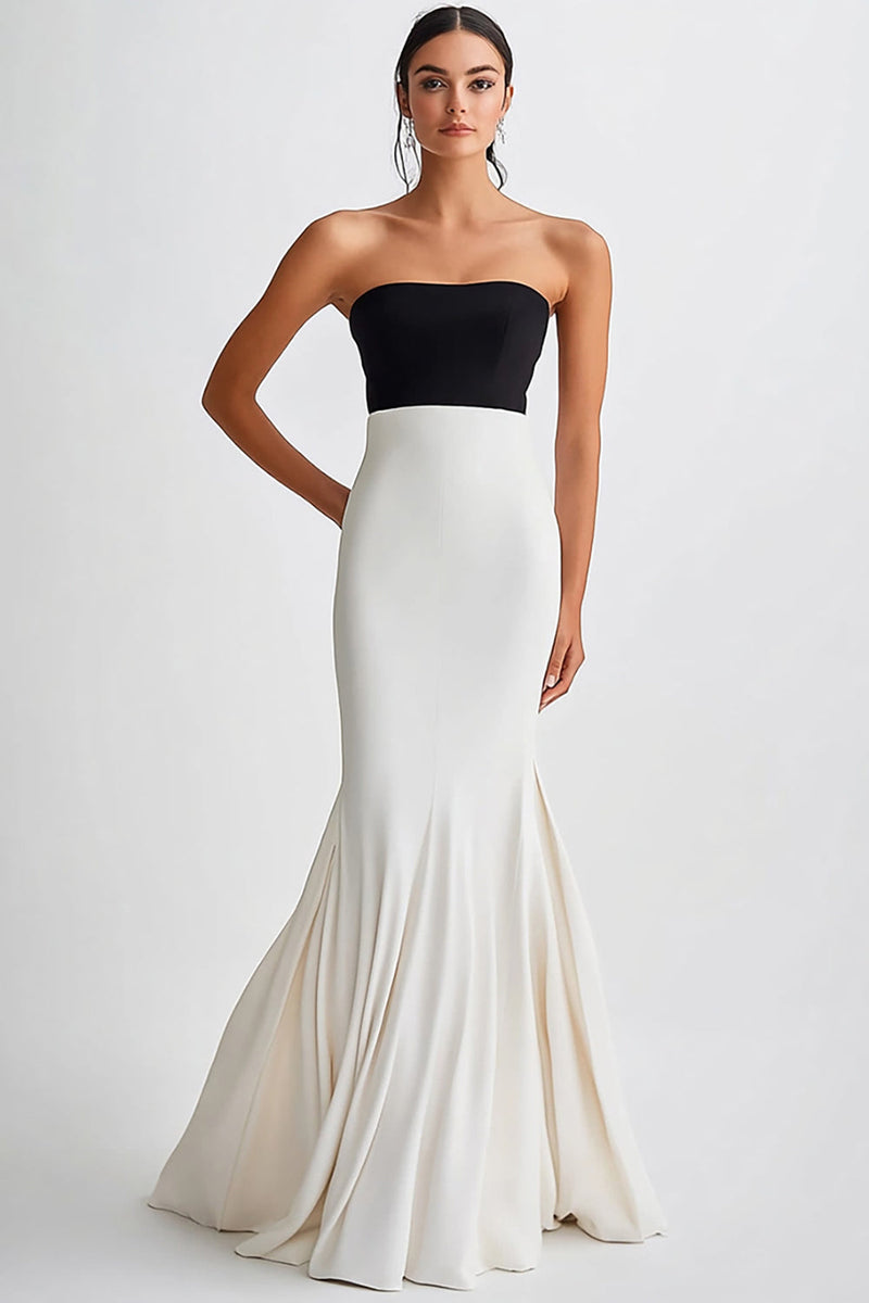 Load image into Gallery viewer, Black and White Satin Strapless Long Mermaid Formal Dress