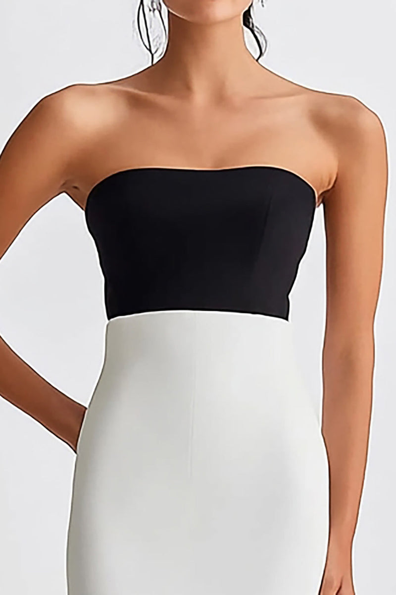 Load image into Gallery viewer, Black and White Satin Strapless Long Mermaid Formal Dress