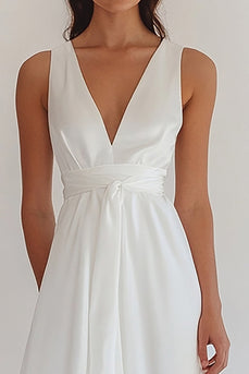 White Chiffon V-Neck Long Engagement Dress with Sash