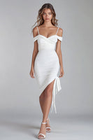 Load image into Gallery viewer, White Satin Cold Shoulder Asymmetrical Graduation Dress Dress