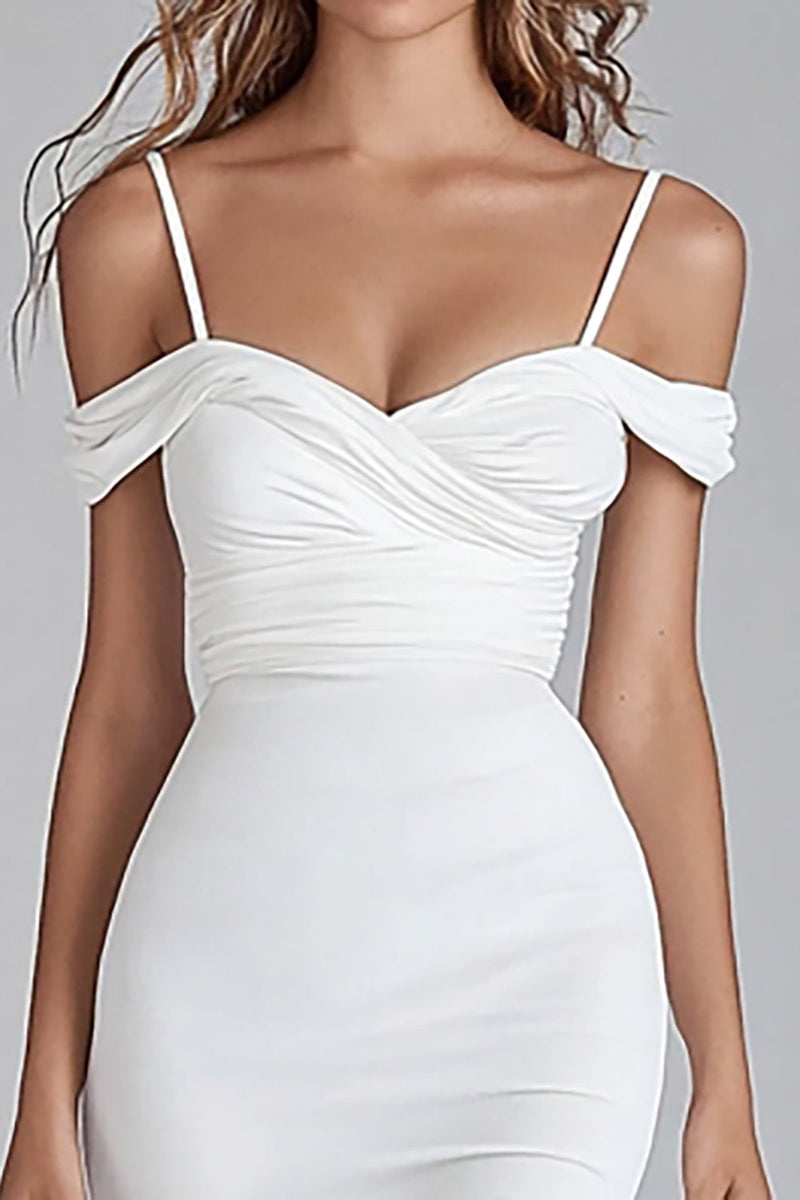 Load image into Gallery viewer, White Satin Cold Shoulder Asymmetrical Graduation Dress Dress