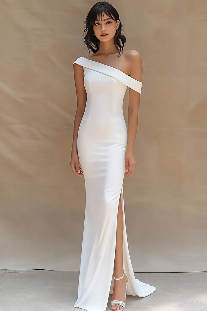 Queendancer Women White Satin Long Engagement Dress with Slit One Shoulder  Mermaid Rehearsal Dinner Dress – queendanceruk