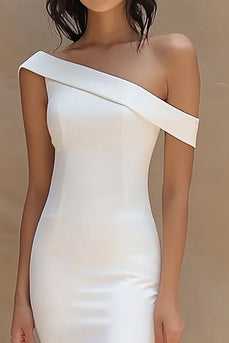 White Satin One Shoulder Long Mermaid Engagement Dress with Slit