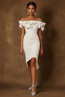 Load image into Gallery viewer, White Satin Off The Shoulder High-Low Engagement Dress with Ruffles