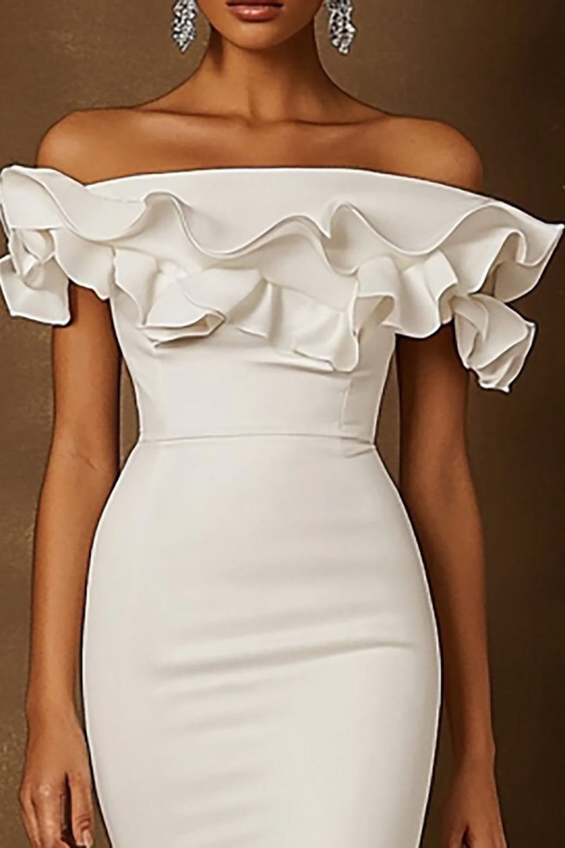 Load image into Gallery viewer, White Satin Off The Shoulder High-Low Engagement Dress with Ruffles