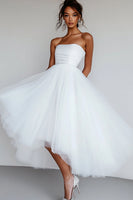 Load image into Gallery viewer, White Tulle Strapless High-Low A Line Engagement Dress