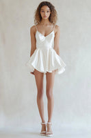 Load image into Gallery viewer, Ivory Satin Spaghetti Straps Short Graduation Dress with Ruffles
