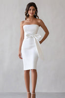 Load image into Gallery viewer, White Satin Strapless Midi Bodycon Engagement Dress