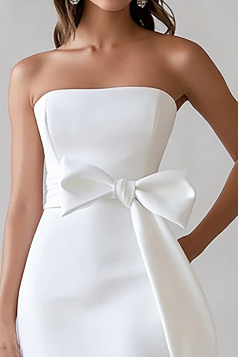 Queendancer Women White Satin Midi Engagement Dress with Bow Strapless  Bodycon Rehearsal Dinner Dress – queendanceruk