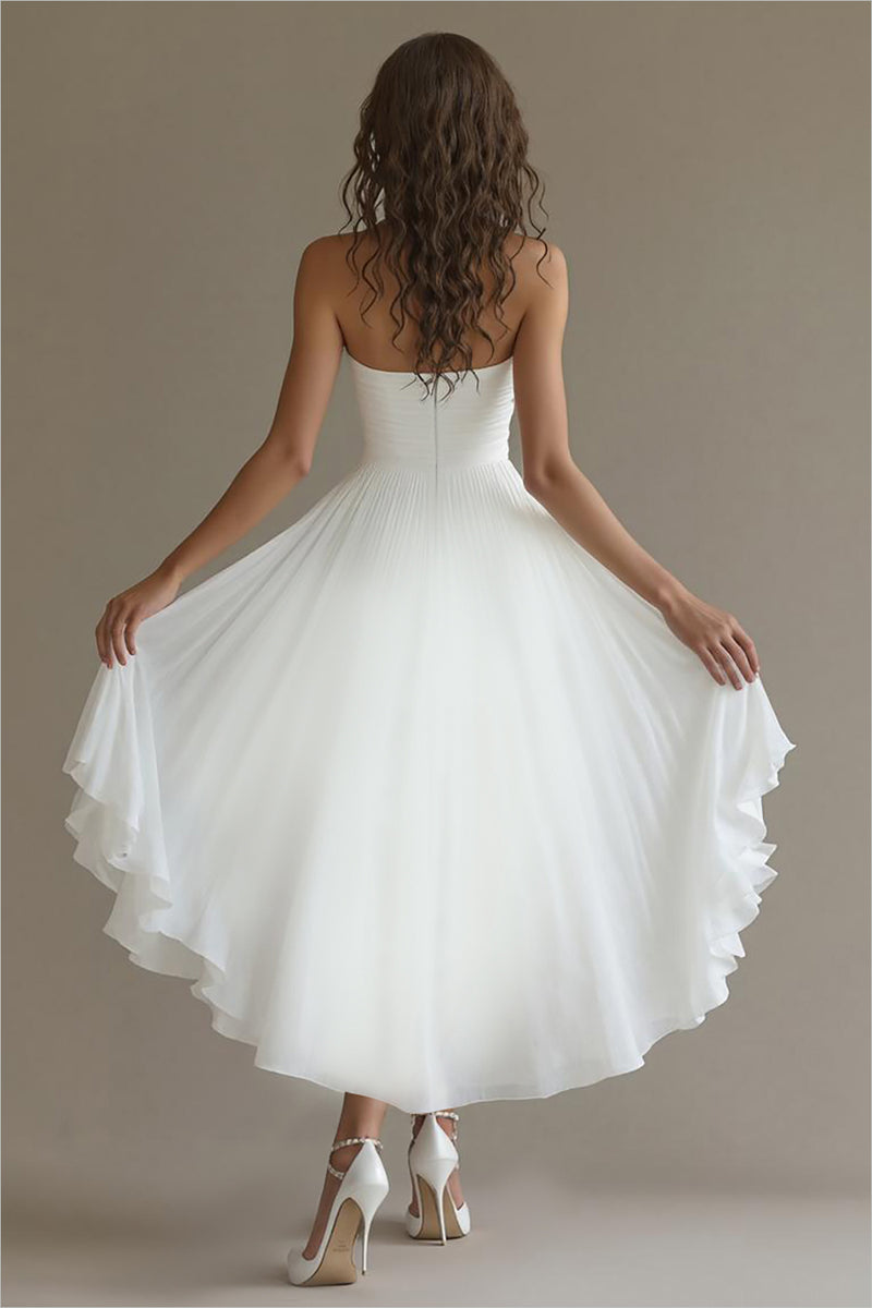 Load image into Gallery viewer, White Chiffon Strapless High-Low Engagement Dress with Ruffles