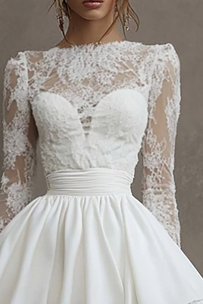 Load image into Gallery viewer, White Satin Bateau Short Long Sleeves Graduation Dress with Lace