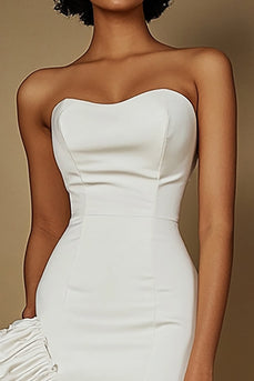 White Satin Strapless Short Graduation Dress with Ruffles