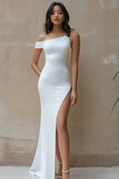 Load image into Gallery viewer, White Satin Asymmetrical Long Mermaid Engagement Dress