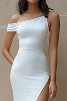 Load image into Gallery viewer, White Satin Asymmetrical Long Mermaid Engagement Dress