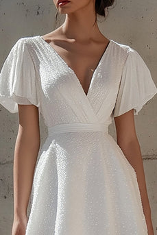 White Sequins Short Sleeves V-Neck Short Graduation Dress