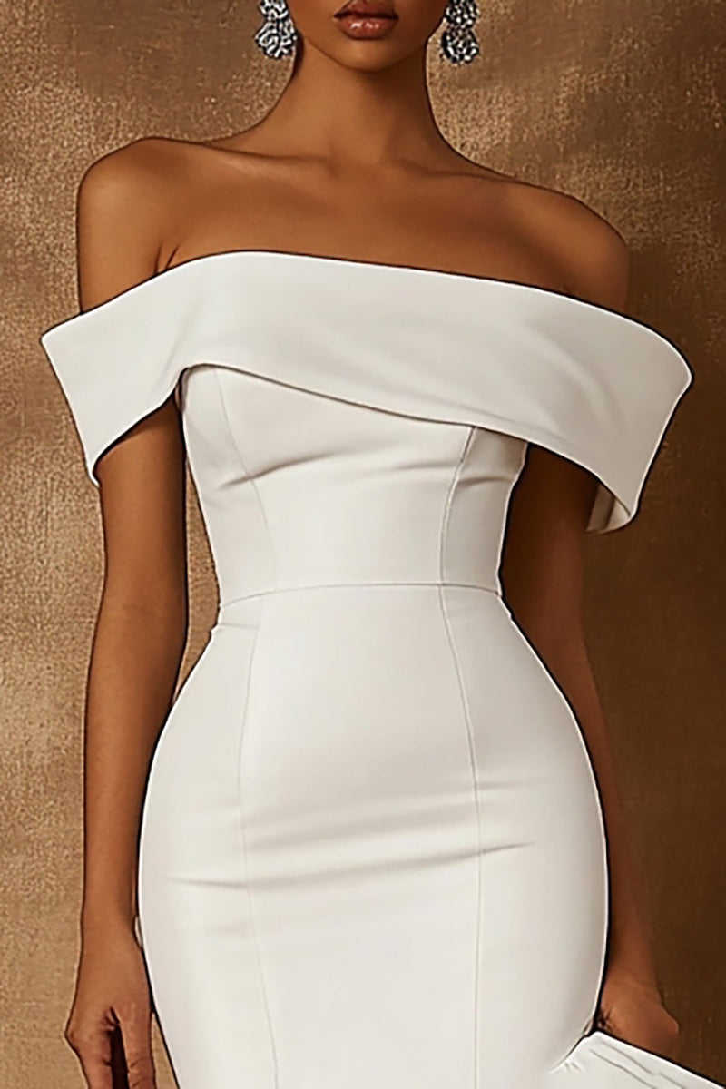 Load image into Gallery viewer, White Satin Midi Bodycon Engagement Dress with Ruffles