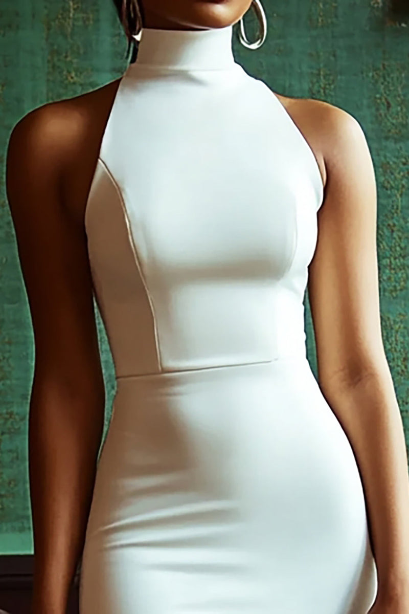 Load image into Gallery viewer, White Satin High Neck Midi Bodycon Graduation Dress
