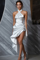 Load image into Gallery viewer, White Satin Halter Asymmetrical Bodycon Graduation Dress
