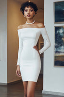Load image into Gallery viewer, White Satin Long Sleeves Short Bodycon Bridal Shower Dress