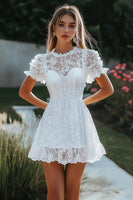 Load image into Gallery viewer, White Lace Short Sleeves A Line Short Graduation Dress