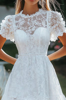 Load image into Gallery viewer, White Lace Short Sleeves A Line Short Graduation Dress