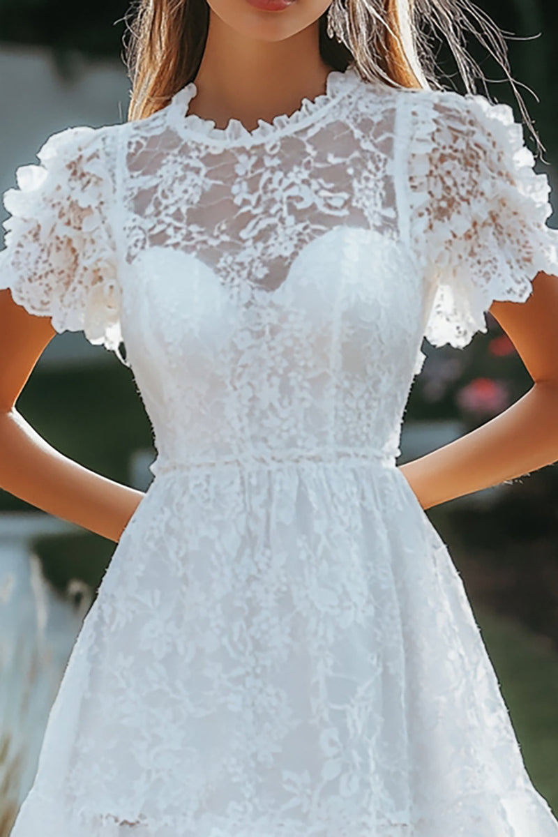 Load image into Gallery viewer, White Lace Short Sleeves A Line Short Graduation Dress