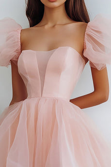 Pink Tulle Puff Sleeves Short A Line Graduation Dress