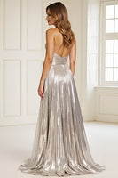 Load image into Gallery viewer, Silver Metallic Pleated Long Prom Dress with Keyhole