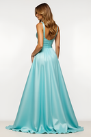 Load image into Gallery viewer, Mint Satin A Line V Neck Backless Long Prom Dress