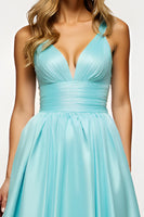 Load image into Gallery viewer, Mint Satin A Line V Neck Backless Long Prom Dress