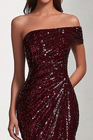 Load image into Gallery viewer, Sparkly Burgundy One Shoulder Mermaid Long Prom Dress with Slit