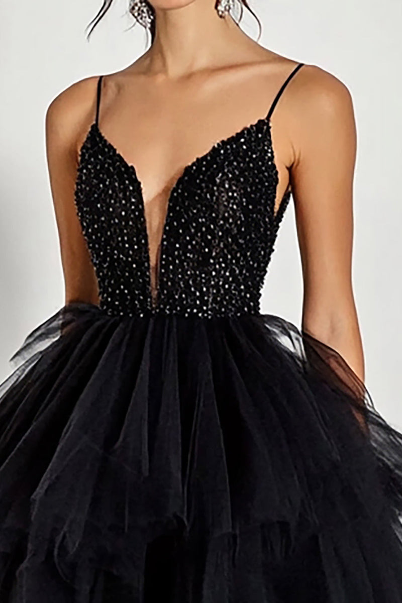 Load image into Gallery viewer, Sparkly Black Tulle Beaded Ball Gown Long Prom Dress with Ruffles