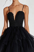 Load image into Gallery viewer, Sparkly Black Beaded Tulle Ball Gown Long Prom Dress with Ruffles