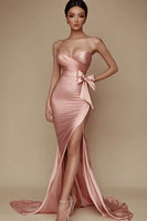 Load image into Gallery viewer, Satin Pink Strapless Ruched Mermaid Long Prom Dress with Slit