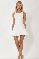 Load image into Gallery viewer, White Satin Short Round Neck A Line Graduation Dress with Ruffles