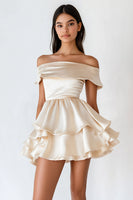 Load image into Gallery viewer, Champagne Satin Short A Line Graduation Dress with Ruffles