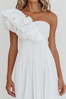White Chiffon One Shoulder A Line Engagement Dress with Ruffles