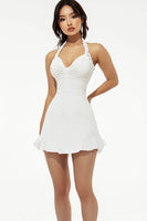 Load image into Gallery viewer, White Satin Short Halter A Line Graduation Dress with Ruffles