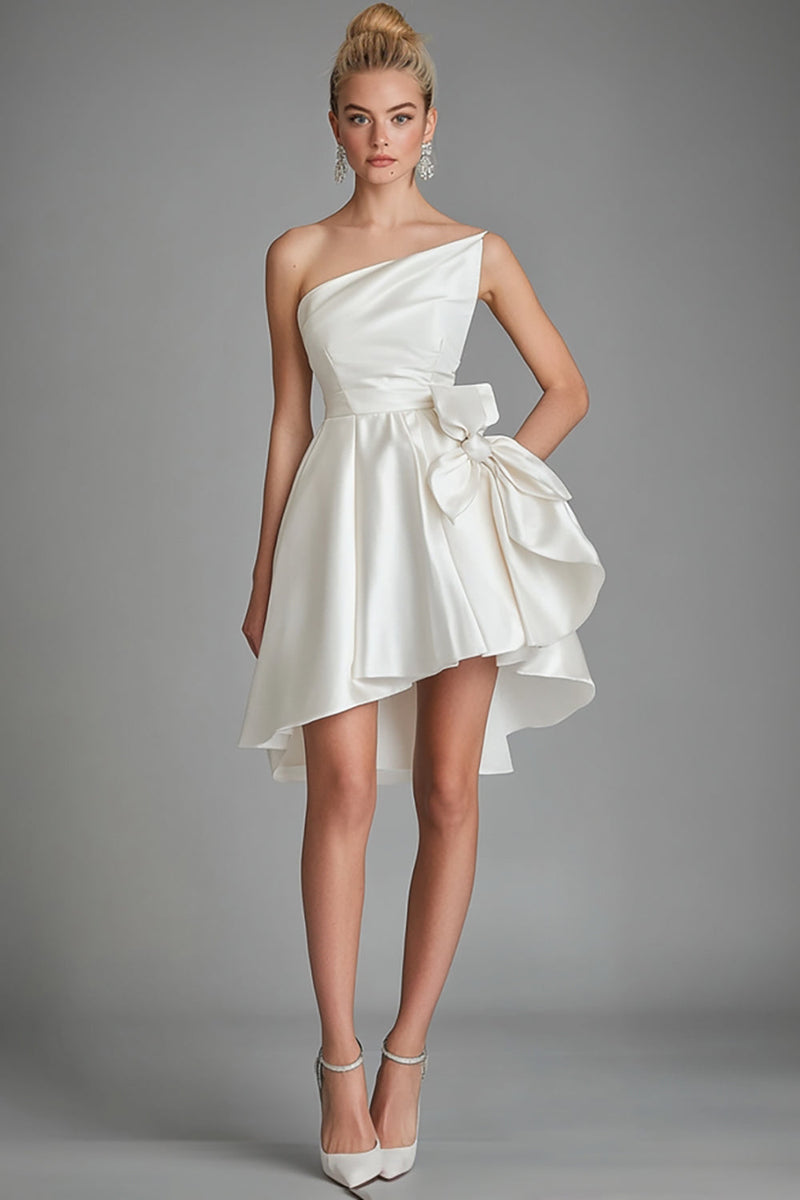 Load image into Gallery viewer, Ivory Satin One Shoulder A Line Graduation Dress with Bow