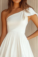 Load image into Gallery viewer, White Satin One Shoulder A Line Graduation Dress with Ruffles