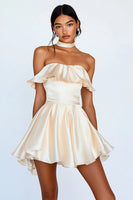 Load image into Gallery viewer, Champagne Satin Strapless Short Graduation Dress with Ruffles